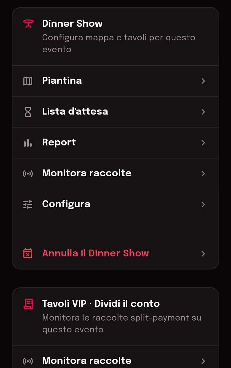Card Tavoli VIP nella modifica dell'evento