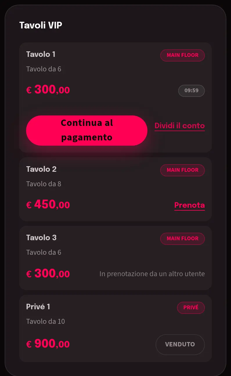 Tavolo prenotato con conto alla rovescia e due opzioni di pagamento