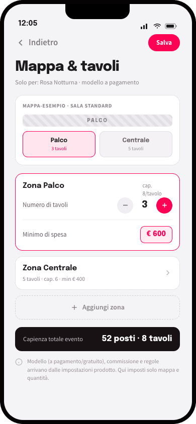 Table and zone setup for a Clubbing event