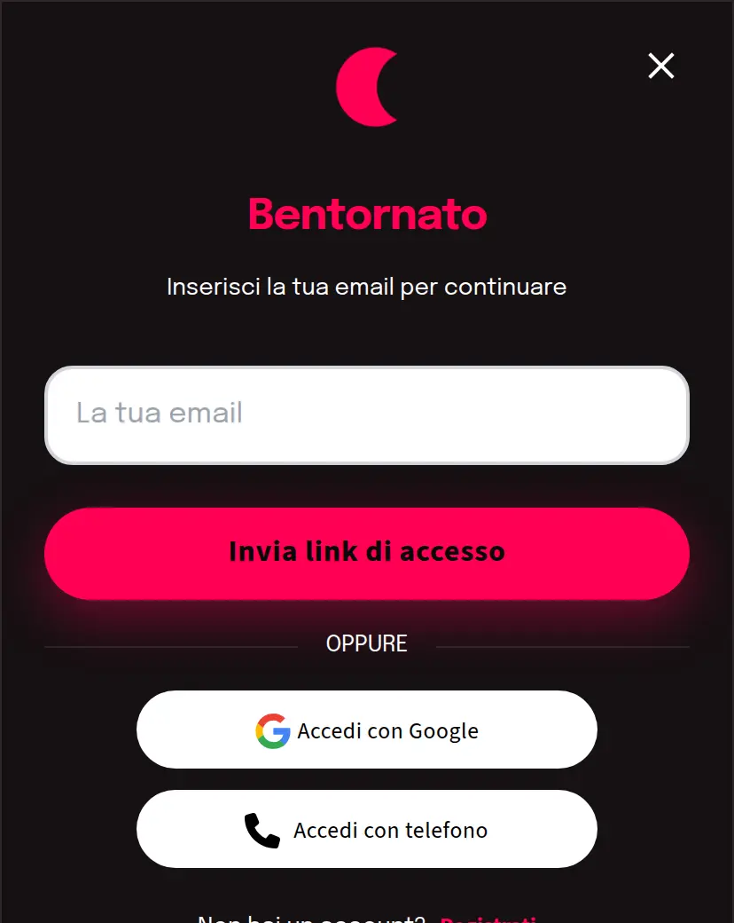 Schermata di accesso a Clubbing