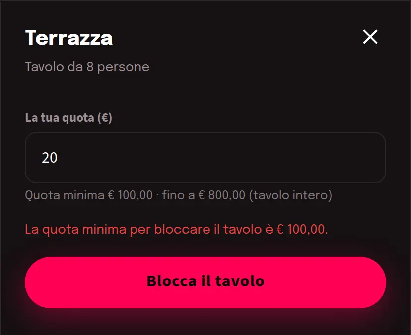 Messaggio d'errore con la quota minima