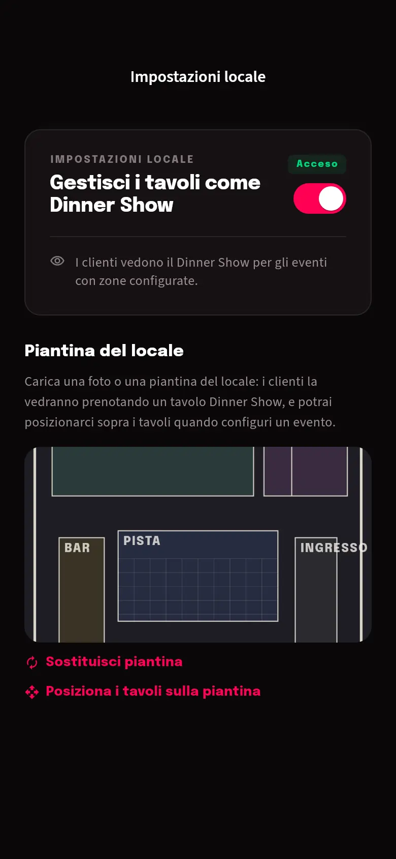 Impostazioni locale: interruttore Dinner Show e piantina