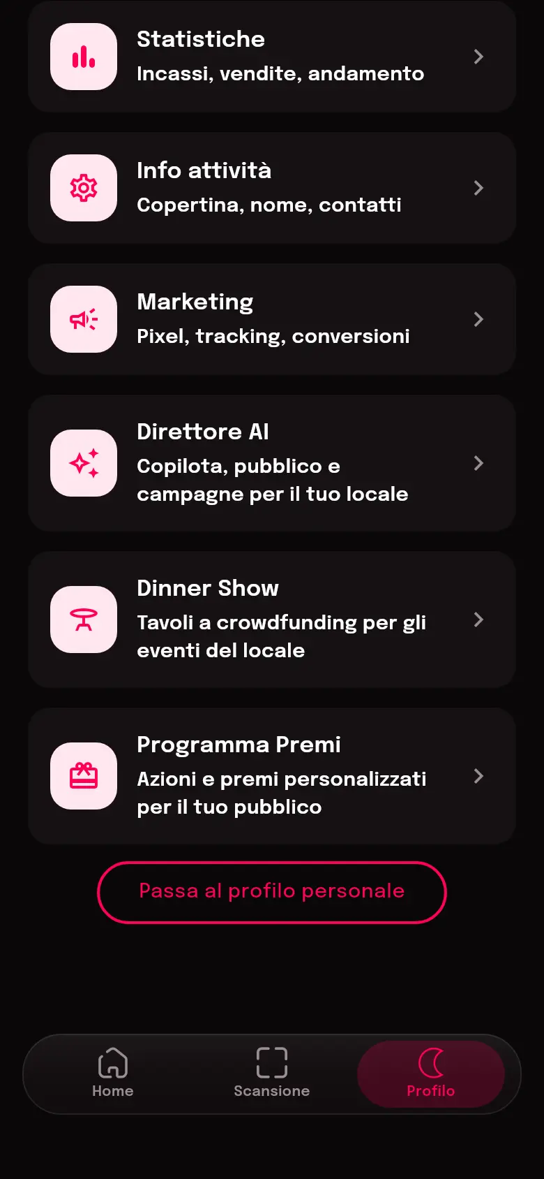Tab Profilo con la card Dinner Show
